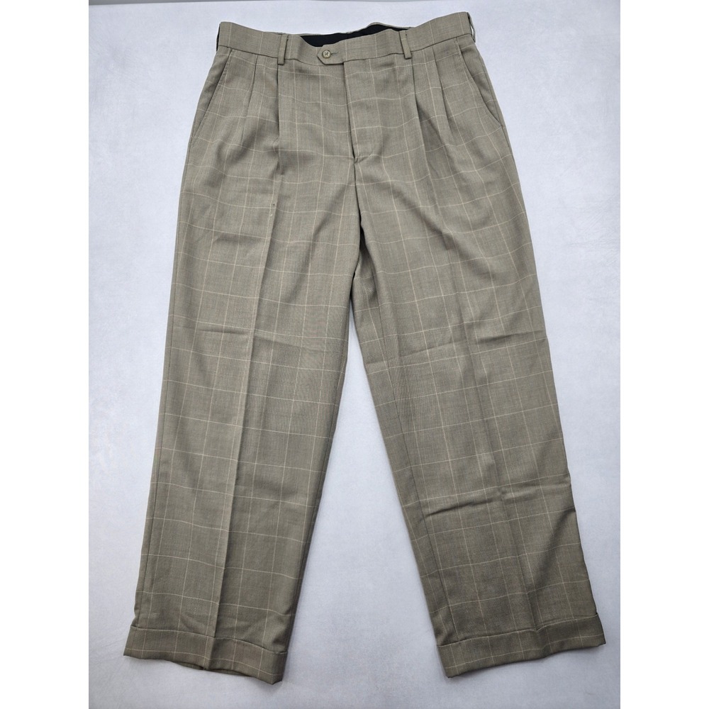 Tan Plaid Straight Leg Pleated George Work Utility Formal Dress Pants Mens 36x30